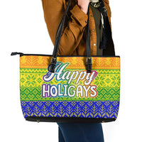LGBT Gay Pride Happy Holigays Christmas Leather Tote Bag Xmas Holiday Patterns - Wonder Print Shop