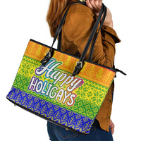 LGBT Gay Pride Happy Holigays Christmas Leather Tote Bag Xmas Holiday Patterns - Wonder Print Shop