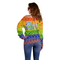 LGBT Gay Pride Happy Holigays Christmas Off Shoulder Sweater Xmas Holiday Patterns - Wonder Print Shop