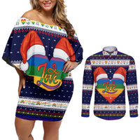 LGBT Heart Christmas Yall Christmas Couples Matching Off Shoulder Short Dress and Long Sleeve Button Shirt Xmas Holiday Patterns - Wonder Print Shop