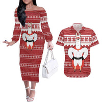 Llama Superhero Christmas Couples Matching Off The Shoulder Long Sleeve Dress and Hawaiian Shirt Xmas Holiday Patterns - Wonder Print Shop