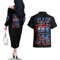 I Have 3 Sides 3 Skulls Couples Matching Off The Shoulder Long Sleeve Dress and Hawaiian Shirt - Wonder Print Shop