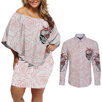 Warning Kinda Crazy Tattooed Girl Rose Couples Matching Off Shoulder Short Dress and Long Sleeve Button Shirt - Wonder Print Shop
