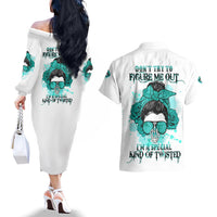 Don't Try To Figure Me Out Messy Bun Couples Matching Off The Shoulder Long Sleeve Dress and Hawaiian Shirt - Wonder Print Shop