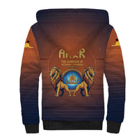 Aker Sherpa Hoodie Ancient Egyptian Sunset Gradient, Twin Lion Guardians, and Solar Disc - Wonder Print Shop