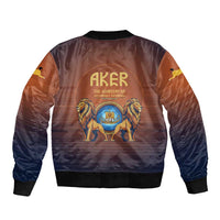 Aker Sleeve Zip Bomber Jacket Ancient Egyptian Sunset Gradient, Twin Lion Guardians, and Solar Disc - Wonder Print Shop