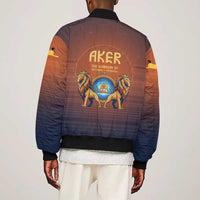 Aker Sleeve Zip Bomber Jacket Ancient Egyptian Sunset Gradient, Twin Lion Guardians, and Solar Disc - Wonder Print Shop