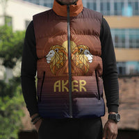 Aker Sleeveless Puffer Jacket Ancient Egyptian Sunset Gradient, Twin Lion Guardians, and Solar Disc - Wonder Print Shop