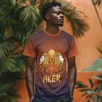Aker T shirt Ancient Egyptian Sunset Gradient, Twin Lion Guardians, and Solar Disc - Wonder Print Shop