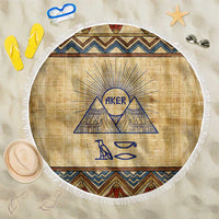 Aker Ancient Egyptian Beach Blanket with Hieroglyphic Pattern, Pyramid Symbol, and Twin Lion Guardians Motif - Wonder Print Shop