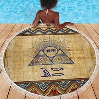 Aker Ancient Egyptian Beach Blanket with Hieroglyphic Pattern, Pyramid Symbol, and Twin Lion Guardians Motif - Wonder Print Shop