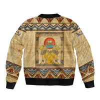 Aker Ancient Egyptian Bomber Jacket with Hieroglyphic Pattern, Pyramid Symbol, and Twin Lion Guardians Motif - Wonder Print Shop