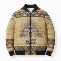 Aker Ancient Egyptian Bomber Puffer Jacket with Hieroglyphic Pattern, Pyramid Symbol, and Twin Lion Guardians Motif - Wonder Print Shop