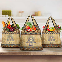 Aker Ancient Egyptian Grocery Bag with Hieroglyphic Pattern, Pyramid Symbol, and Twin Lion Guardians Motif - Wonder Print Shop