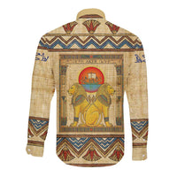 Aker Ancient Egyptian Long Sleeve Button Shirt with Hieroglyphic Pattern, Pyramid Symbol, and Twin Lion Guardians Motif - Wonder Print Shop