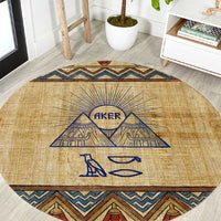 Aker Ancient Egyptian Round Carpet with Hieroglyphic Pattern, Pyramid Symbol, and Twin Lion Guardians Motif - Wonder Print Shop