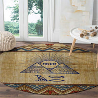 Aker Ancient Egyptian Round Carpet with Hieroglyphic Pattern, Pyramid Symbol, and Twin Lion Guardians Motif - Wonder Print Shop