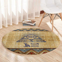 Aker Ancient Egyptian Round Carpet with Hieroglyphic Pattern, Pyramid Symbol, and Twin Lion Guardians Motif - Wonder Print Shop