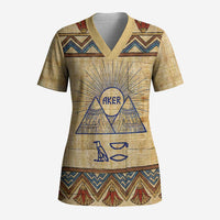 Aker Ancient Egyptian Scrub Top with Hieroglyphic Pattern, Pyramid Symbol, and Twin Lion Guardians Motif - Wonder Print Shop
