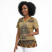 Aker Ancient Egyptian Scrub Top with Hieroglyphic Pattern, Pyramid Symbol, and Twin Lion Guardians Motif - Wonder Print Shop