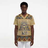 Aker Ancient Egyptian Scrub Top with Hieroglyphic Pattern, Pyramid Symbol, and Twin Lion Guardians Motif - Wonder Print Shop