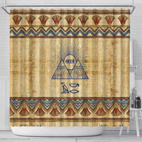 Aker Ancient Egyptian Shower Curtain with Hieroglyphic Pattern, Pyramid Symbol, and Twin Lion Guardians Motif - Wonder Print Shop