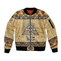 Aker Ancient Egyptian Sleeve Zip Bomber Jacket with Hieroglyphic Pattern, Pyramid Symbol, and Twin Lion Guardians Motif - Wonder Print Shop