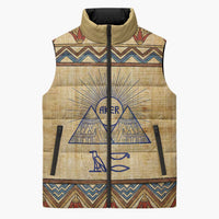 Aker Ancient Egyptian Sleeveless Puffer Jacket with Hieroglyphic Pattern, Pyramid Symbol, and Twin Lion Guardians Motif - Wonder Print Shop