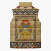 Aker Ancient Egyptian Sleeveless Puffer Jacket with Hieroglyphic Pattern, Pyramid Symbol, and Twin Lion Guardians Motif - Wonder Print Shop