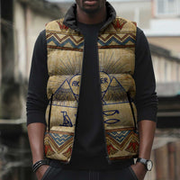 Aker Ancient Egyptian Sleeveless Puffer Jacket with Hieroglyphic Pattern, Pyramid Symbol, and Twin Lion Guardians Motif - Wonder Print Shop