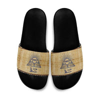 Aker Ancient Egyptian Slide Sandals with Hieroglyphic Pattern, Pyramid Symbol, and Twin Lion Guardians Motif - Wonder Print Shop