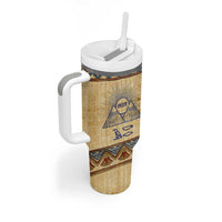 Aker Ancient Egyptian Tumbler With Handle with Hieroglyphic Pattern, Pyramid Symbol, and Twin Lion Guardians Motif - Wonder Print Shop