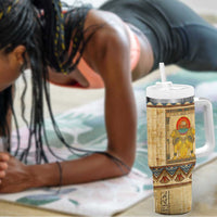 Aker Ancient Egyptian Tumbler With Handle with Hieroglyphic Pattern, Pyramid Symbol, and Twin Lion Guardians Motif - Wonder Print Shop