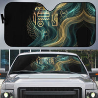 Amun Ancient Egyptian Auto Sun Shade with Mystical Smoke Swirl Pattern, Fiery Ram Head, and Hieroglyphic - Wonder Print Shop