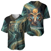 Amun Ancient Egyptian Baseball Jersey with Mystical Smoke Swirl Pattern, Fiery Ram Head, and Hieroglyphic - Wonder Print Shop