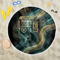 Amun Ancient Egyptian Beach Blanket with Mystical Smoke Swirl Pattern, Fiery Ram Head, and Hieroglyphic - Wonder Print Shop