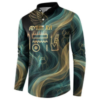 Amun Ancient Egyptian Button Sweatshirt with Mystical Smoke Swirl Pattern, Fiery Ram Head, and Hieroglyphic