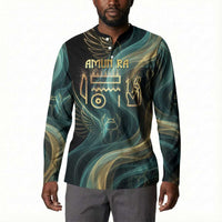 Amun Ancient Egyptian Button Sweatshirt with Mystical Smoke Swirl Pattern, Fiery Ram Head, and Hieroglyphic