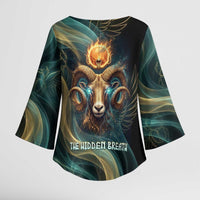 Amun Ancient Egyptian Kimono Sleeve Blouse with Mystical Smoke Swirl Pattern, Fiery Ram Head, and Hieroglyphic - Wonder Print Shop