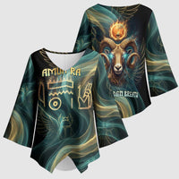 Amun Ancient Egyptian Kimono Sleeve Blouse with Mystical Smoke Swirl Pattern, Fiery Ram Head, and Hieroglyphic - Wonder Print Shop