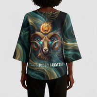 Amun Ancient Egyptian Kimono Sleeve Blouse with Mystical Smoke Swirl Pattern, Fiery Ram Head, and Hieroglyphic - Wonder Print Shop