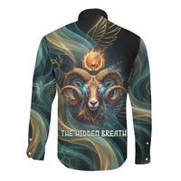 Amun Ancient Egyptian Long Sleeve Button Shirt with Mystical Smoke Swirl Pattern, Fiery Ram Head, and Hieroglyphic - Wonder Print Shop