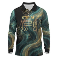 Amun Ancient Egyptian Long Sleeve Polo Shirt with Mystical Smoke Swirl Pattern, Fiery Ram Head, and Hieroglyphic - Wonder Print Shop
