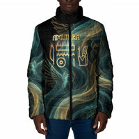 Amun Ancient Egyptian Padded Jacket with Mystical Smoke Swirl Pattern, Fiery Ram Head, and Hieroglyphic - Wonder Print Shop
