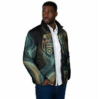 Amun Ancient Egyptian Padded Jacket with Mystical Smoke Swirl Pattern, Fiery Ram Head, and Hieroglyphic - Wonder Print Shop