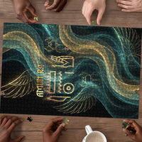 Amun Ancient Egyptian Puzzle with Mystical Smoke Swirl Pattern, Fiery Ram Head, and Hieroglyphic - Wonder Print Shop
