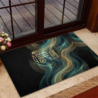 Amun Ancient Egyptian Rubber Doormat with Mystical Smoke Swirl Pattern, Fiery Ram Head, and Hieroglyphic - Wonder Print Shop