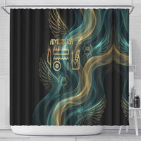 Amun Ancient Egyptian Shower Curtain with Mystical Smoke Swirl Pattern, Fiery Ram Head, and Hieroglyphic - Wonder Print Shop
