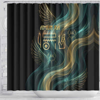 Amun Ancient Egyptian Shower Curtain with Mystical Smoke Swirl Pattern, Fiery Ram Head, and Hieroglyphic - Wonder Print Shop