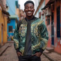 Amun Ancient Egyptian Sleeve Zip Bomber Jacket with Mystical Smoke Swirl Pattern, Fiery Ram Head, and Hieroglyphic - Wonder Print Shop